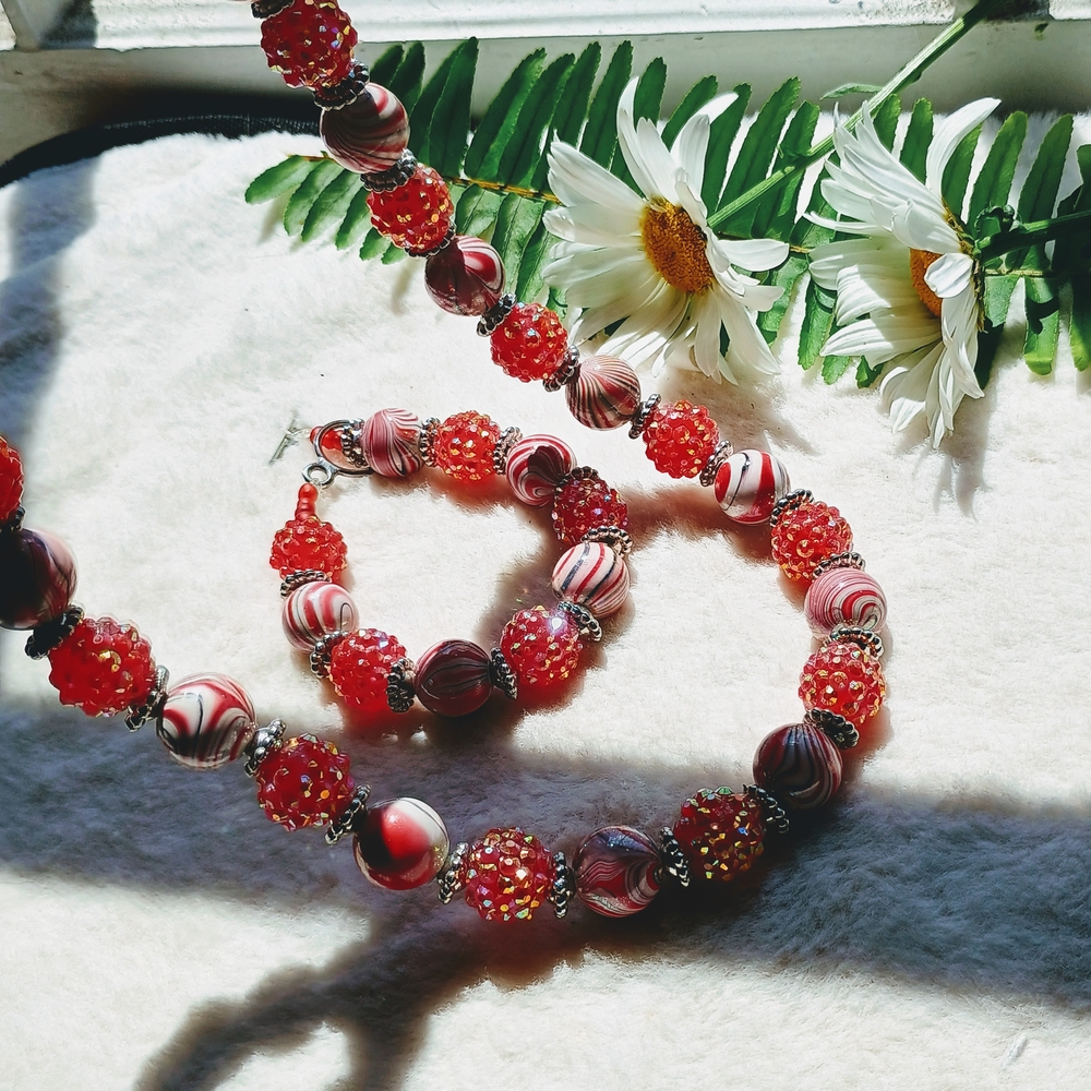SALE Vintage, Handmade Red & White Chunky Beaded Christmas SET